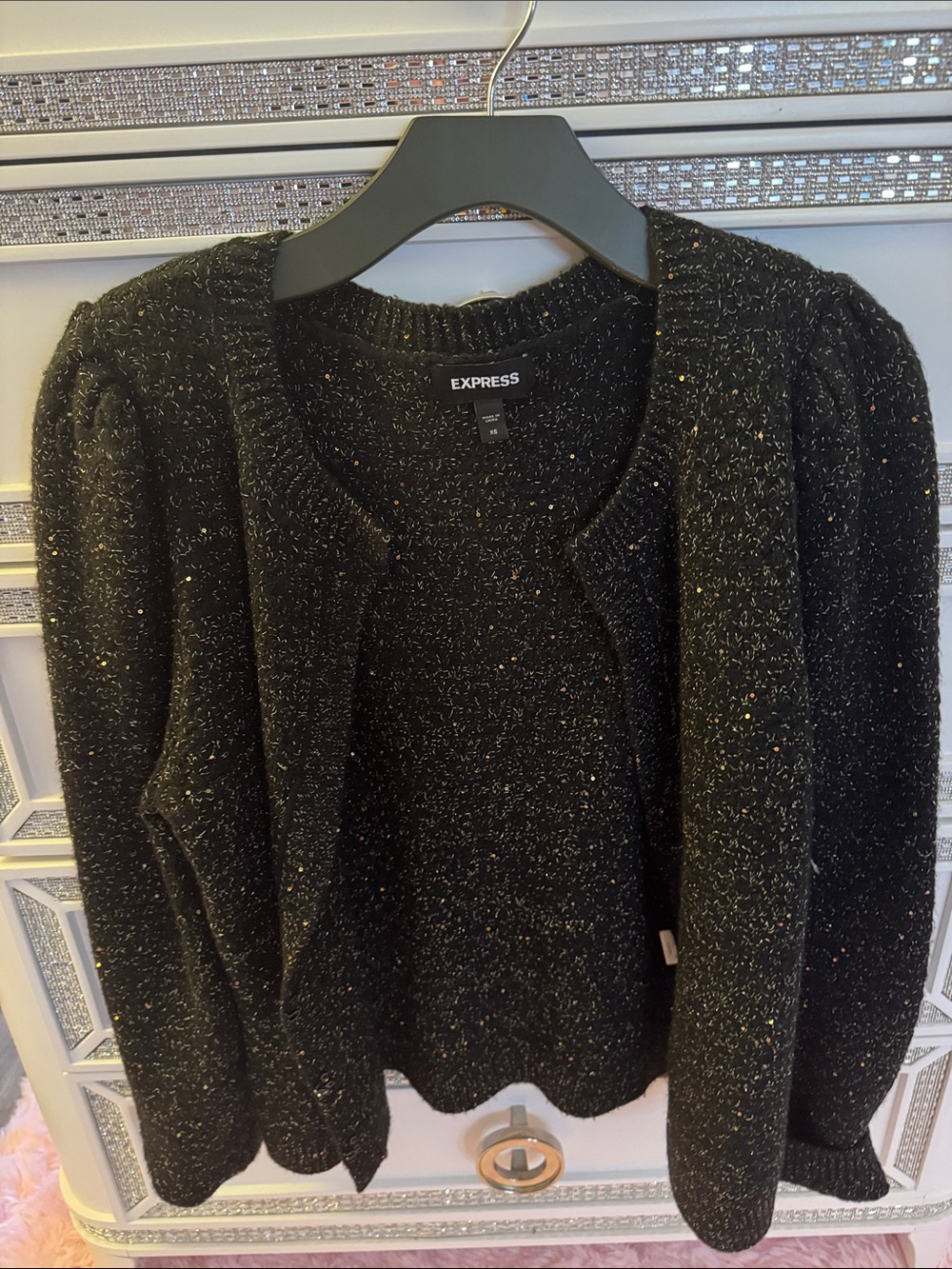 Express Black Tweed Open-Front Cardigan with Metallic Flecks